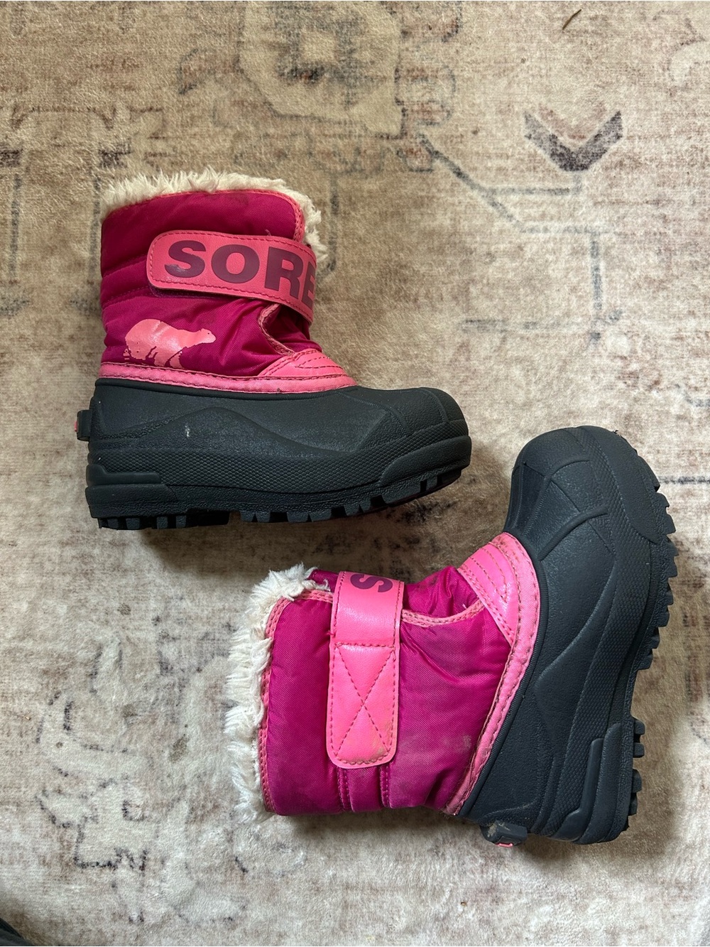 Sorel Kids Pink and Black Winter Boots with Faux Fur Cuff